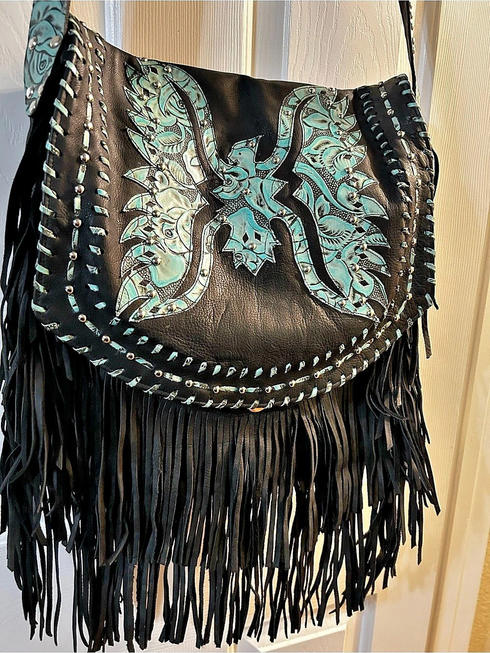 Paisley Fringe Crossbody in Black & Blue
